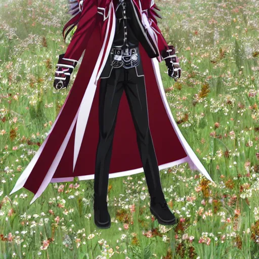 Prompt: zero kiryu vampire knight smiling in the meadow