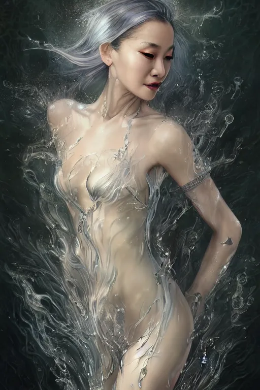 Image similar to portrait of a beautiful woman wearing a cheongsam dress, drenched body, silver hair, emerging from the water, dark fantasy, regal, fractal crystal, fractal gemstones, by ross tran, stanley artgerm lau, thomas kindkade, loish, norman rockwell