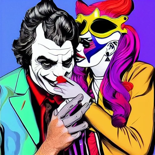 Prompt: richard hamilton and mimmo rottela as lady gaga harley queen and joaquin phoenix joker kissing, pop art, medium long shot, 2 color, random content position, object details, dynamic composition, 4 k, ultra realistic art, smooth, sharp focus, illustration, concept art, intricate details, h 7 6 8