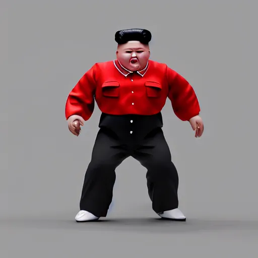 Image similar to kim jong un doll being chased by screaming bob ross doll octane render