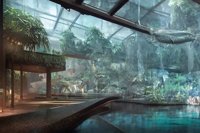 Image similar to modern museum with freshwater aquariums as walls, hyper realistic, ambient lighting, concept art, intricate, hyper detailed, smooth, dynamic volumetric lighting, octane, raytrace, cinematic, high quality, high resolution, 4 k, cgsociety, rutkowski, gurney