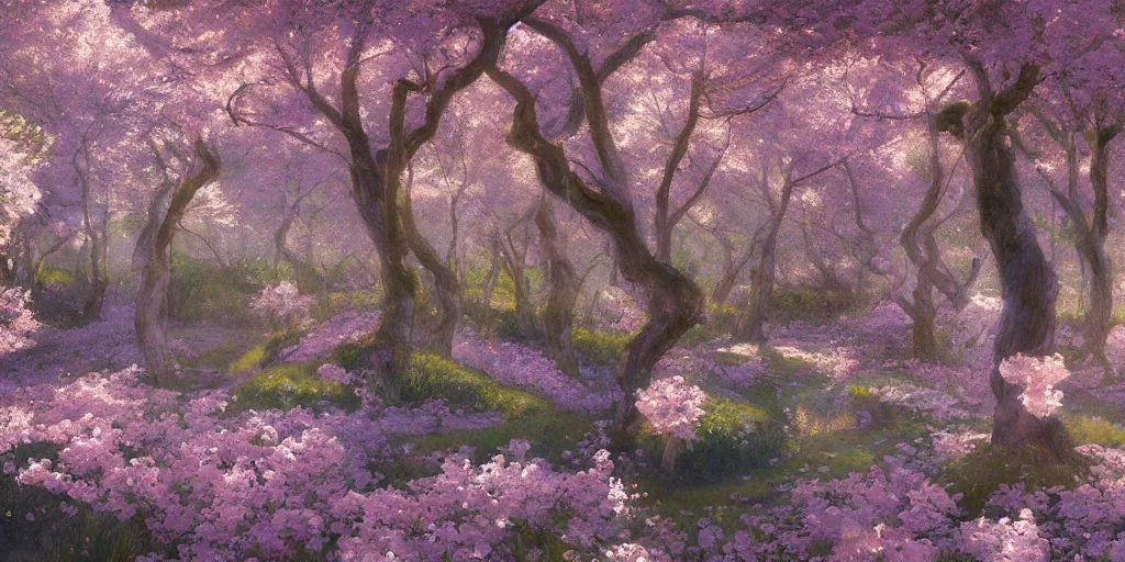 Prompt: spiritual journey through the garden of eden, sakura trees, sakura season dynamic lighting, landscape, artwork by jeremy lipkin and giuseppe dangelico pino and other unknown artists, 1 0 0 mm