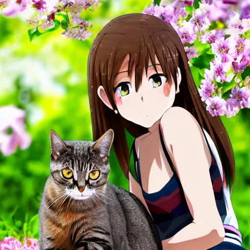 Image similar to anime girl with cat sitting in garden on hot summer, 8k, high quality,