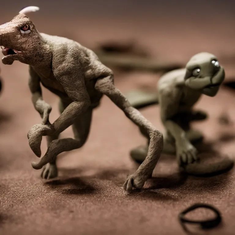 Image similar to a cinematic film still of a claymation stop motion film starring steve irwin, shallow depth of field, 8 0 mm, f 1. 8
