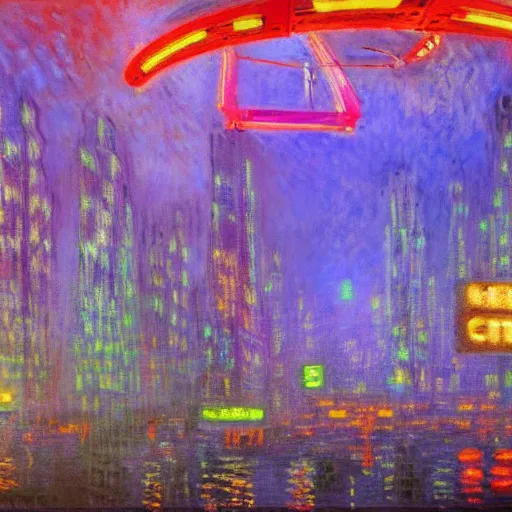 Prompt: monet painting of a cyberpunk city with neon signs and advertisements. airships floating in the sky with spotlights shining down on the city.