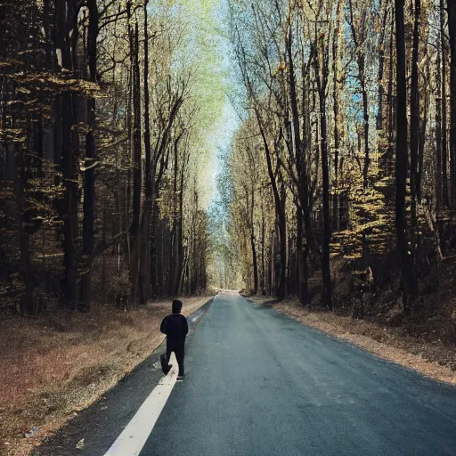 Prompt: a tall short woman man with long short hair that is brown blonde walking sitting on a street forest