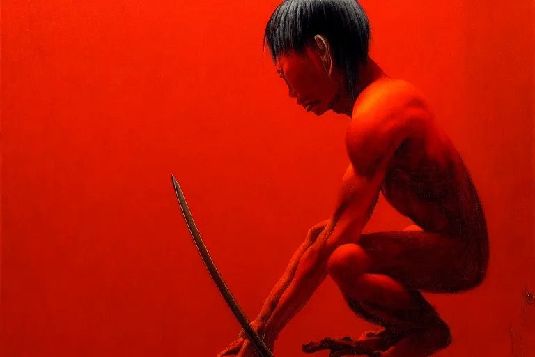 Image similar to only with red, a red samurai do seppuku, tokio, a lot of frogs watch, in the style of beksinski, parts by edward hopper, parts by rodcenko, parts by yue minjun, intricate and epic composition, red by caravaggio, insanely quality, highly detailed, masterpiece, red light, artstation, 4 k