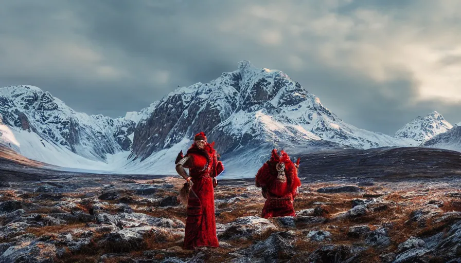 Image similar to a photo - realistic arctic landscape in wide angle, majestic snow - topped mountains in the background, a tiger and an indian warrior woman ( intricate armor in earthern red ) in the foreground, predominantly colors, wide angle, 1 8 mm, depth of field, early morning light, moody, atmospheric, 8 k, national geographic