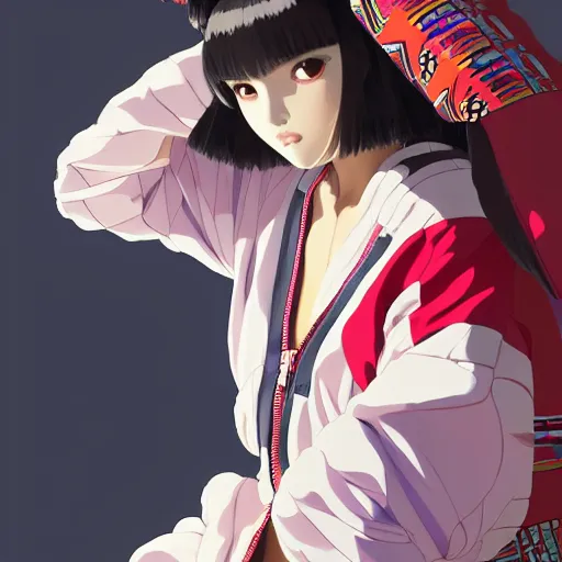 Image similar to a beautiful japanese natalie portman gravure model, wearing oversized native designer bomber jacket and leotard with overalls, bulky poofy bomber jacket with mesoamerican patterns, mesoamerican native street fashion, gapmoe yandere grimdark, trending on pixiv fanbox, painted by greg rutkowski makoto shinkai takashi takeuchi studio ghibli, akihiko yoshida