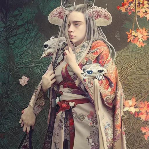 Prompt: a photorealistic dramatic fantasy render of a beautiful woman billie eilish wearing a beautiful intricately detailed japanese kitsune mask and clasical japanese kimono by wlop, artgerm, greg rutkowski, alphonse mucha, epic, beautiful dynamic dramatic dark moody lighting, shadows, cinematic atmosphere, artstation, concept design art, octane render, 8 k