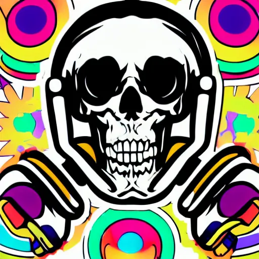 Image similar to svg vector sticker of a skull, rocking out, wearing headphones, huge speakers, dancing, rave, DJ, spinning records, digital art, amazing composition, rule-of-thirds, award-winning, trending on artstation, featured on deviantart