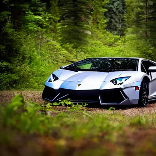 Image similar to lamborghini aventador abandoned in the middle of a forest by the lake