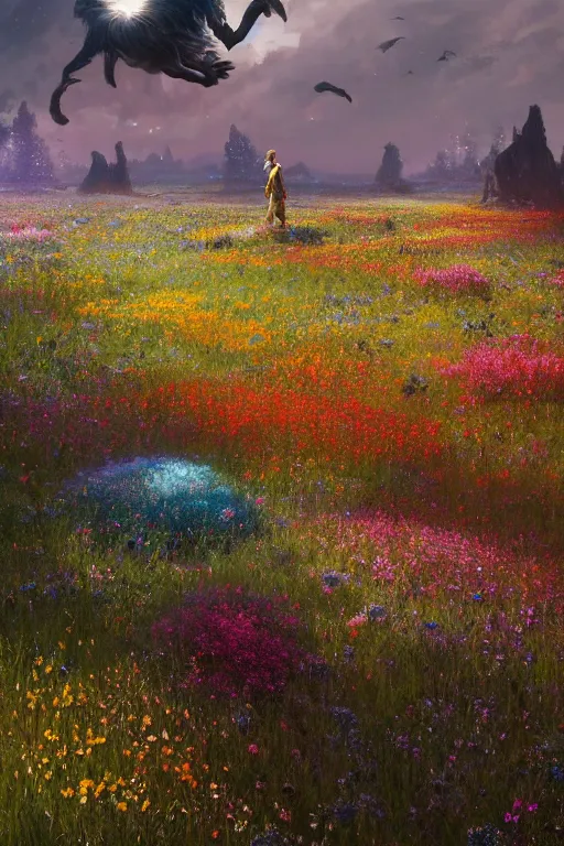 Image similar to A colourfull meadow by Greg Rutkowski, Sung Choi, Mitchell Mohrhauser, Maciej Kuciara, Johnson Ting, Maxim Verehin, Peter Konig, final fantasy , 8k photorealistic, cinematic lighting, HD, high details, atmospheric,