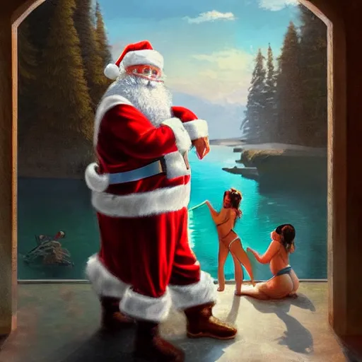 Prompt: santa claus next to his beautiful helper who is wearing a bikini, highly detailed, digital painting, illustration, in the style of greg rutkowski