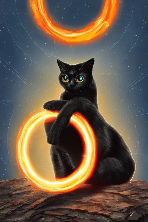 Image similar to black cat sitting next to an energy ringed portal, digital illustration, artstation, artstation hq, hd