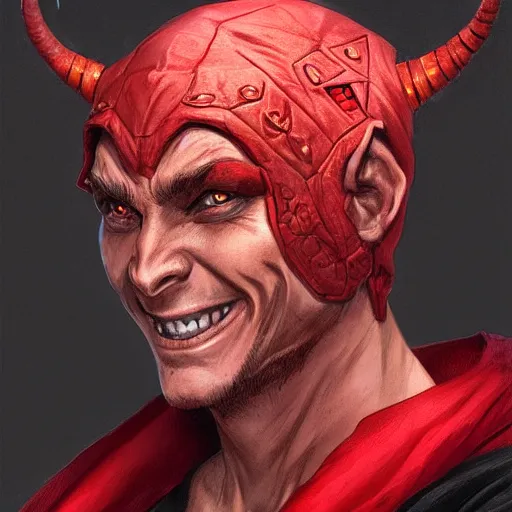 Prompt: portrait of a male tiefling with red skin wearing a black hood, smiling, D&D, fantasy, intricate, elegant, highly detailed, digital painting, artstation, concept art, smooth, sharp focus, illustration, art by artgerm and greg rutkowski and alphonse mucha