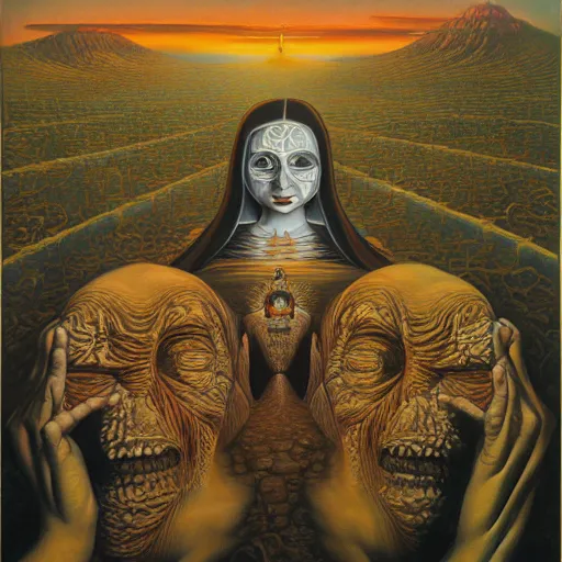 Image similar to monalisa by jacek yerka, alex gray, zdzisław beksiński, dariusz zawadzki, jeffrey smith and h.r. giger, oil on canvas, 8k highly professionally detailed, trending on artstation