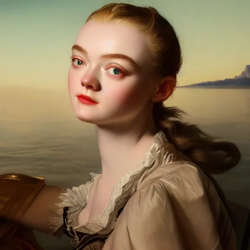 Prompt: leyendecker and peter paul rubens, head and shoulders portrait of a elle fanning, nighttime, at sea, ray tracing, unreal engine, fantasy art by global illumination, radiant light, detailed and intricate environment