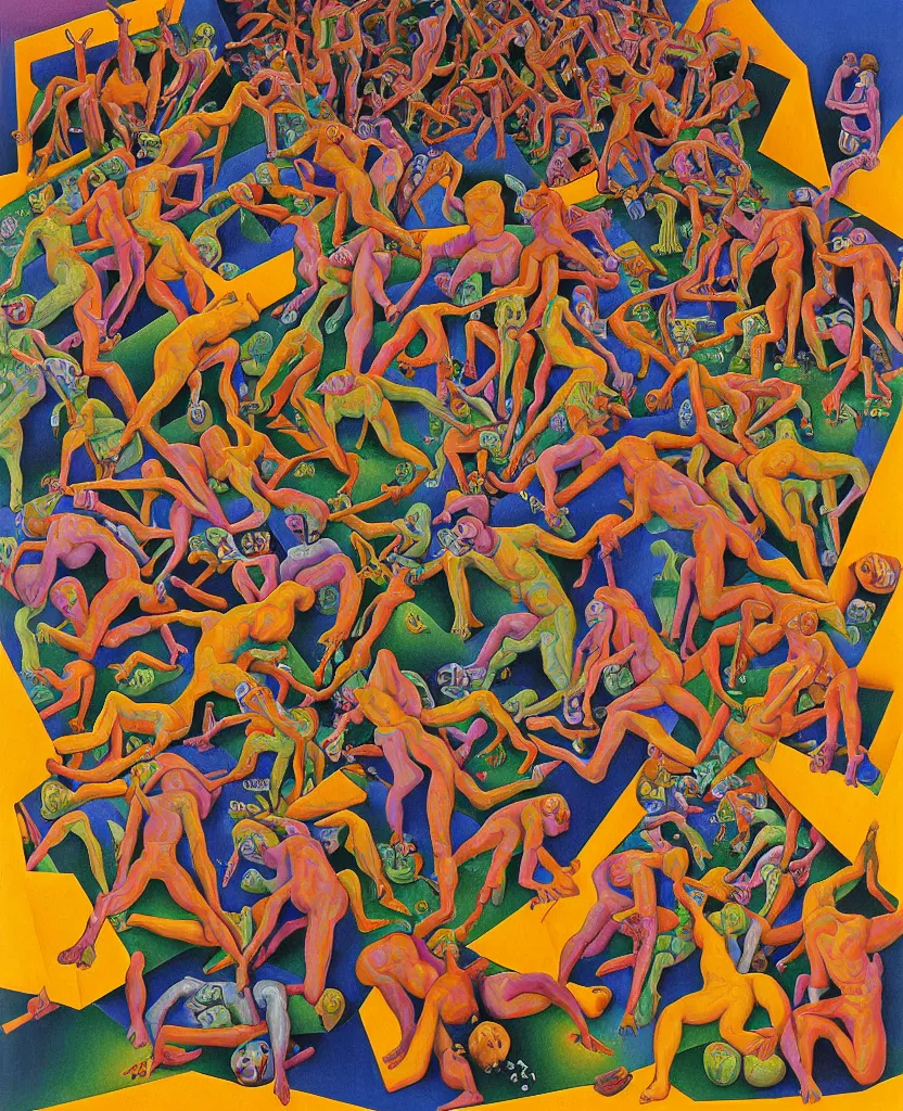 Image similar to multi colored psychedelic weeping soldiers | pain, pleasure, suffering, adventure, love, life, afterlife, souls in joy and agony | abstract oil painting, gouche on paper by MC Escher and Salvador Dali and raqib shaw and Josef albers on LSD |