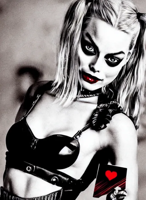 Image similar to tattoo design of margot robbie as harley quinn with a little smile, holding ace card, in the style of den yakovlev, realistic face, black and white, realism tattoo, hyper realistic, highly detailed