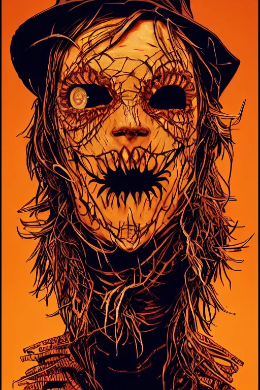 Image similar to a scarecrow with jack - o - lantern head, full body, big two toned eyes, halloween, horror, intricate details, cinematic, epic, realistic, anatomy, tomer hanuka, uplight, artstation, photorealistic, scary