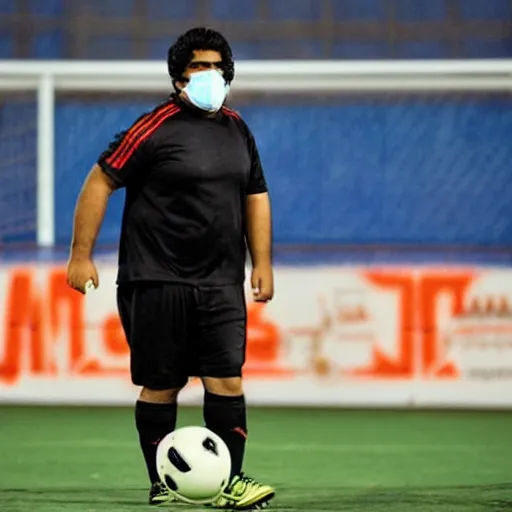 Image similar to overweight kurdish soccer player with face mask and great hair