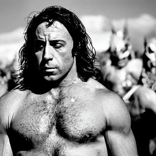 Prompt: photo of Joe Rogan as Achilles in the movie Troy cinestill, 800t, 35mm, full-HD