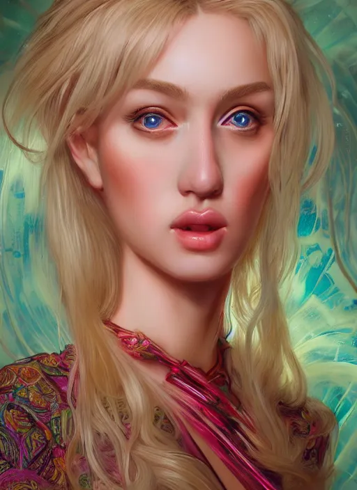 Prompt: blonde beautiful young woman, photo realistic, extremely detailed gorgeous face, sad eyes, tears, sexy body and face, vaporwave aesthetic, synthwave, long luxurious gown, colorful, psychedelic, intricate, elegant, highly detailed, digital painting, artstation, concept art, smooth, sharp focus, illustration, art by artgerm and greg rutkowski and alphonse mucha