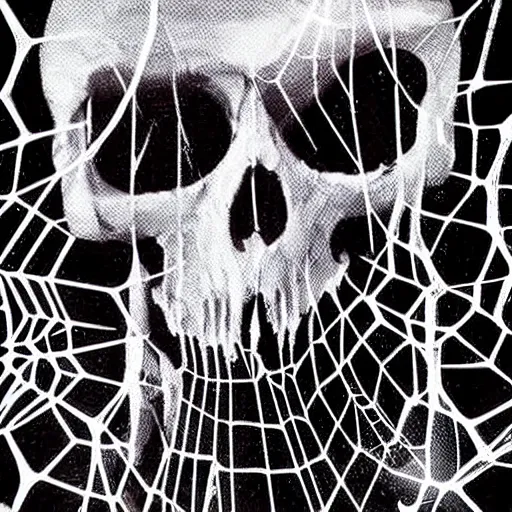 Prompt: nightmare ghost skull death bones fear terror horrifying demon cobweb spindly spider web haunting