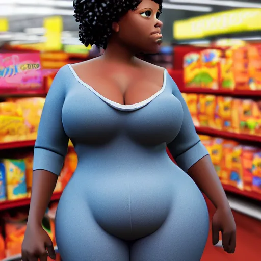 Prompt: high quality, highly detailed, still of black bbw woman in wal-mart follow shot, 3d, in the style of pixar, comic book style, 3d, highly detailed, 16k resolution, octane renderer, coherent, cinematic lighting