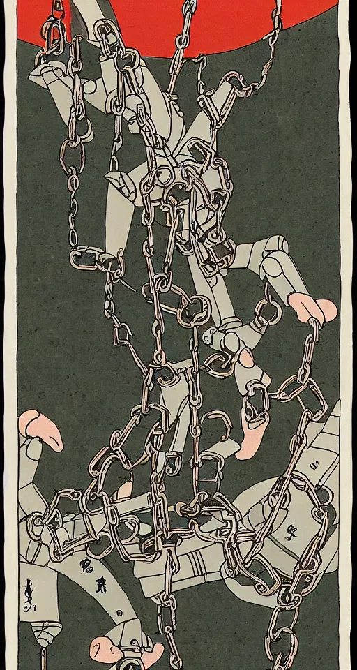 Image similar to a robot hanging by his feet in chains upside down peacefully, beautiful coloured Japanese ink painting inspired by the hanged man tarot card, soft lines