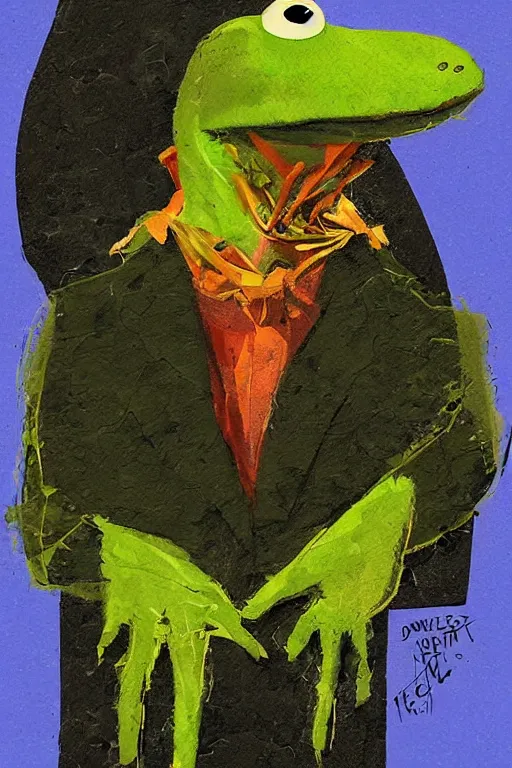 Image similar to solemn portrait of Kermit the frog by Dave McKean