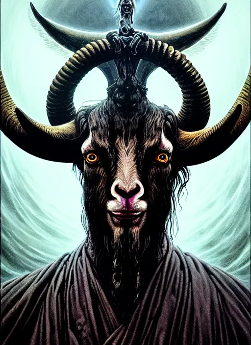 Prompt: elden ring themed orthodox baphomet goat jesus icon tarot card portrait, piercing gaze, byzantine aesthetic, doom, religious, sinister, ornate, intricate, beautifully backlit, subtle tones, digital painting, concept art, smooth, sharp focus, illustration, art by josan gonzalez, greg rutkowski, killian eng and zdizslaw beksinski