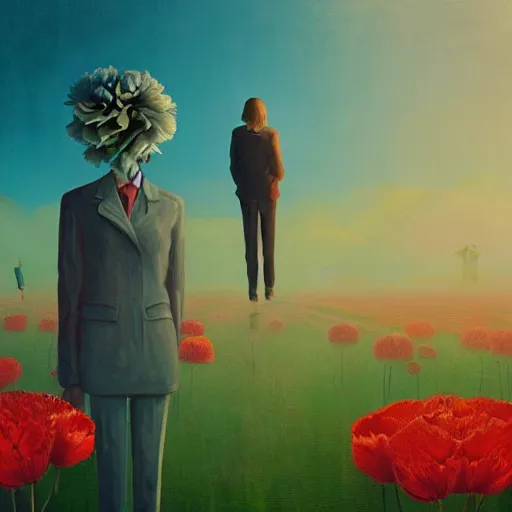 Image similar to giant carnation flower head, girl in suit, surreal photography, sunrise, dramatic light, impressionist painting, digital painting, artstation, simon stalenhag