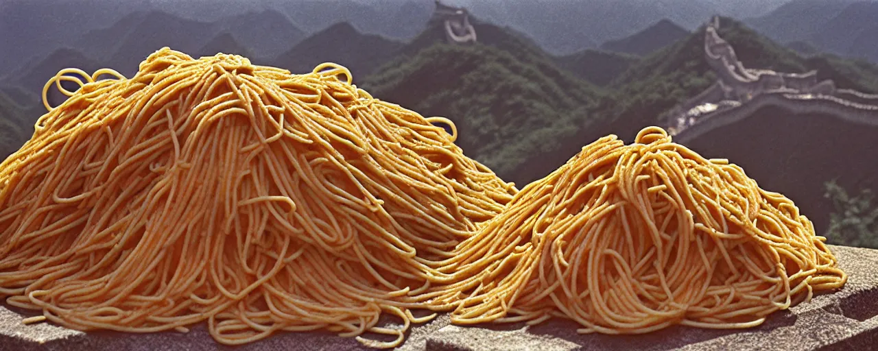 Image similar to pile of spaghetti at the great wall of china, fine detail, canon 5 0 mm, in the style of galen rowell, kodachrome,