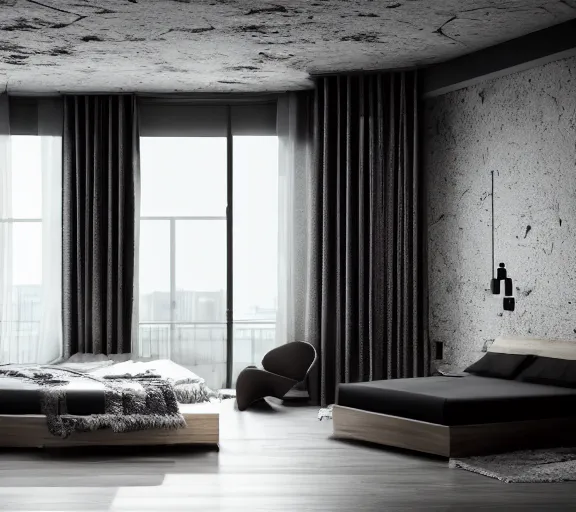 Image similar to brutalist black mansion luxury bedroom interior design minimalist organic, organic architecture furniture open space high quality octane render blender 8 k