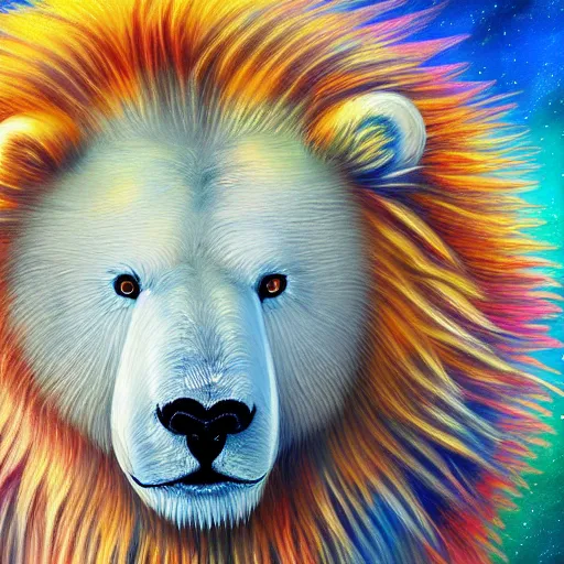 Image similar to cute fluffy polar bear with long colorful flowing lion mane with mohawk hairstyle hybrid animal detailed painting 4 k