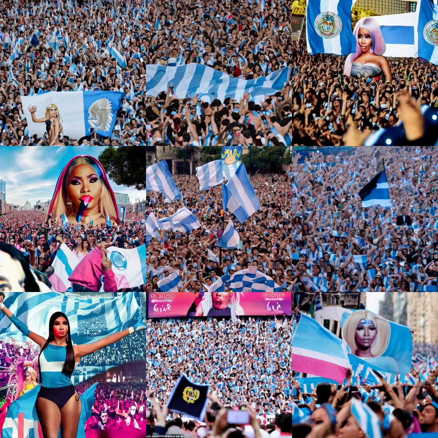 Prompt: Argentina presidential rally advertisement, detailed Nicki Minaj forefront and a blurred Argentine flag waving behind her