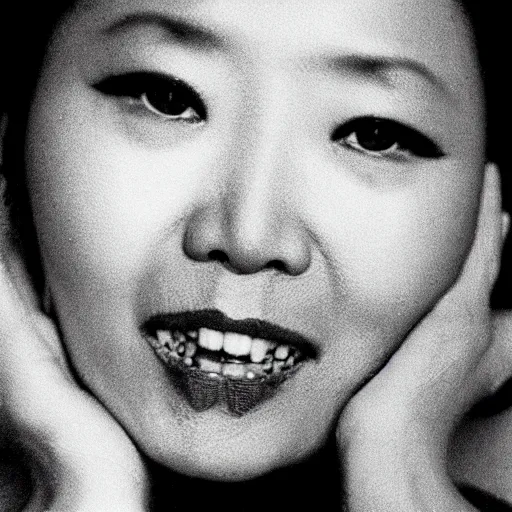 Image similar to photo of Anita Mui by Diane Arbus, extreme closeup, black and white, high contrast, Rolleiflex, 55mm f/4 lens