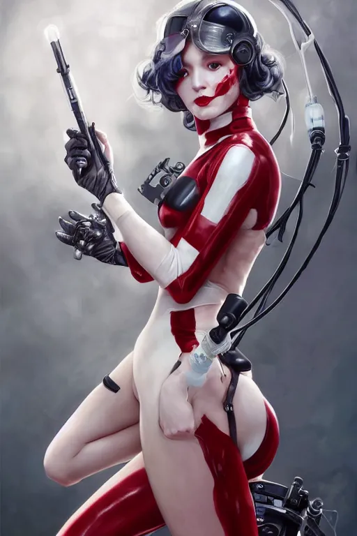 Image similar to cute covid - 1 9 nurse girl holding a syringe, wearing bikini nurse armor, black and white and red catsuit, cyberpunk, dc comics, gothic, by tom bagshaw and alphonse mucha and moebius and artgerm and and greg rutkowski and hajime soriyama, ultra detailed, hyper realistic, octane render, trending on artstation