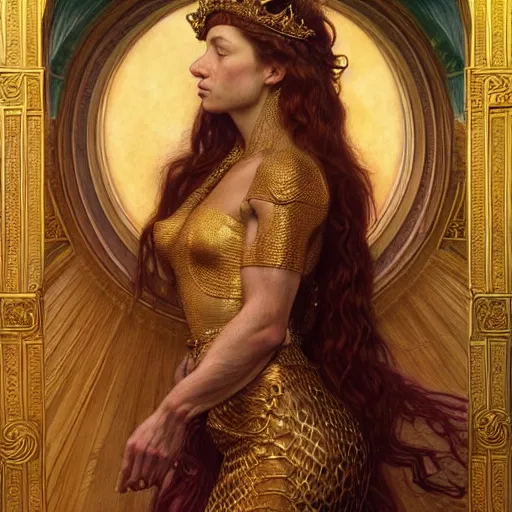 Image similar to highly detailed portrait of a majestic lioness queen in the form of a beautiful woman. d & d, art by donato giancola and evelyn de morgan and eugene delacroix and ruan jia and carl larsson. trending on artstation, intricate details, energetic composition, golden ratio, concept art, illustration, elegant art, global illuminaition