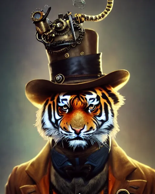 Image similar to steampunk male tiger portrait, handsome, steampunk hat, detective coat, steampunk monocle, complex 3 d render by ilya kuvshinov, peter mohrbacher, greg rutkowski, ryohei hase, dramatic lighting, intricate, highly detailed, sharp focus, luminous, unreal engine, blender, artstation, masterpiece, ray tracing