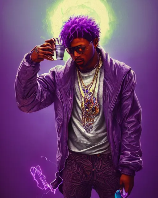 Image similar to future the rapper holding cup of codeine, purple liquid in cup glowing, fantasy, dramatic, intricate, elegant, highly detailed, digital painting, artstation, concept art, smooth, sharp focus, illustration, art by Gustave Dore, octane render