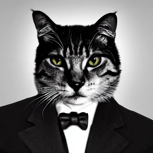 Image similar to chad cat looking like Ernest Khalimov, big chin, black and white filter, ultra hd, 8k