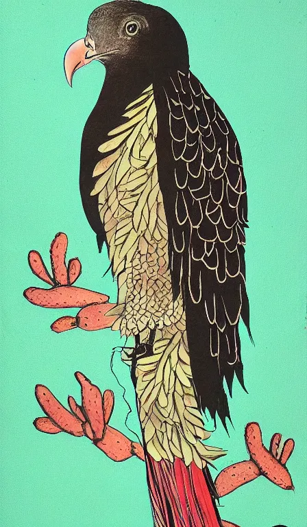 Prompt: Shen Quan's turkey vulture on cactus , hanging scroll, ink and colours on silk