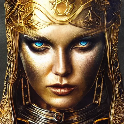 Image similar to portrait of a majestic fierce viking woman, highly detailed, gold plated armor, cinematic, 8 k, 1 0 8 0 s, by stanley artgermm, tom bagshaw, greg rutkowski, vincent di fate, carne griffiths, ayami kojima, trending on deviantart, hyper detailed, full of color, digital art,