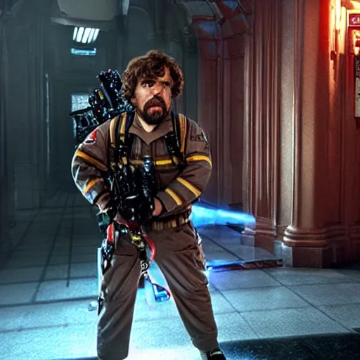 Image similar to stunning awe inspiring peter dinklage as a ghostbuster in the movie ghostbusters, movie still 8 k hdr atmospheric lighting