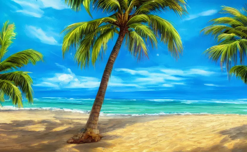 Prompt: A beautiful award winning painting of a tropical beach with palm trees and a wavy blue ocean trending on artstation vibrant color scheme lots detail 4k