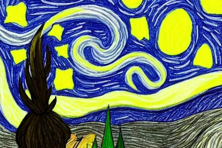 Prompt: starry night drawn by a five - year old with crayons