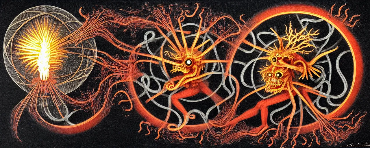 Image similar to a strange fire creature with endearing eyes radiates a unique canto'as above so below'while being ignited by the spirit of haeckel and robert fludd, breakthrough is iminent, glory be to the magic within, in honor of saturn, painted by ronny khalil